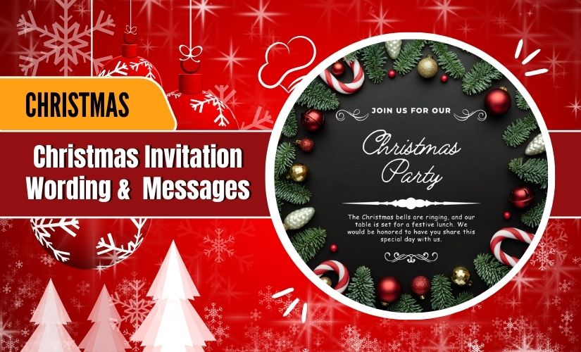 Image of a Christmas invitation template featuring festive decorations with Christmas Invitation wording "Christmas Party" on a dark round backdrop, surrounded by red and green baubles, on a red snowy background.
