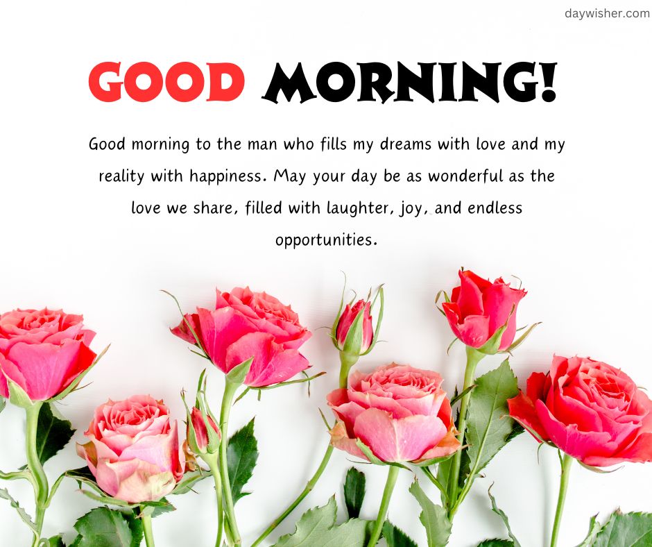 A cheerful "Good Morning Paragraphs for Him" greeting card with a motivational message, accompanied by a row of vibrant pink roses against a white background.