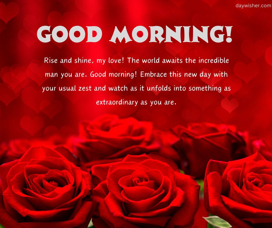 A bright image featuring dark red roses in the foreground with a text overlay saying "Good Morning Paragraphs for Him" and an encouraging message about embracing the new day, set against a deep red background.