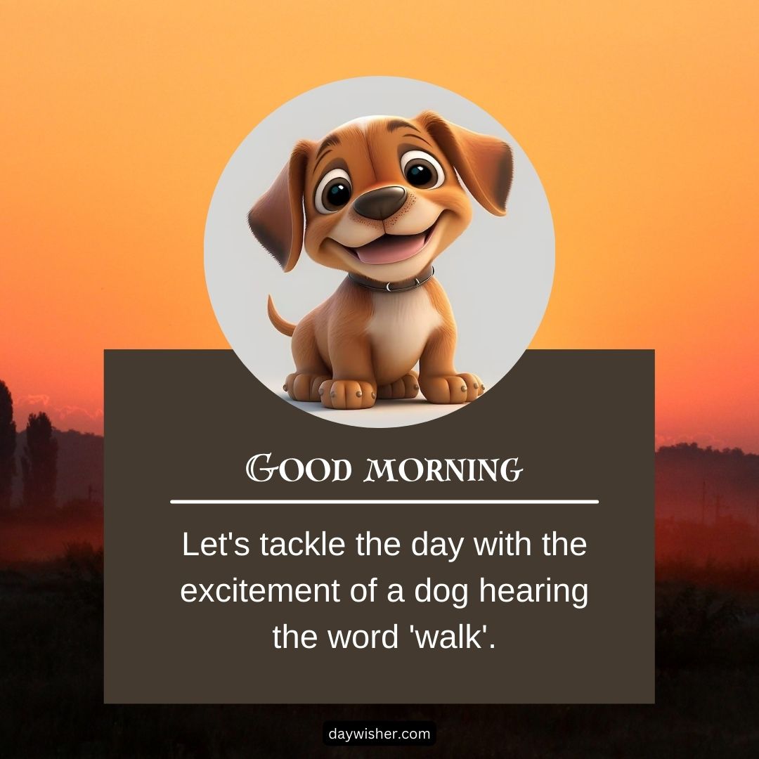 A cheerful graphic featuring a cartoon puppy against an orange sunrise backdrop, with text saying "funny good morning" and "let's tackle the day with the excitement of a dog hearing the word 'walk