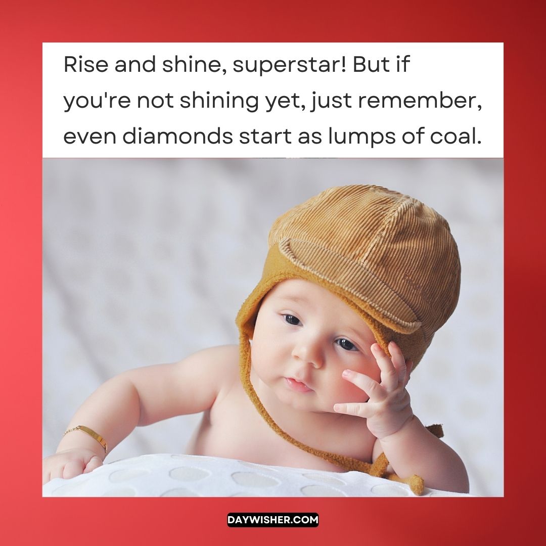 A baby wearing a knitted cap looks contemplative on a white textured blanket with a motivational quote about potential and growth above, perfect for funny good morning images.