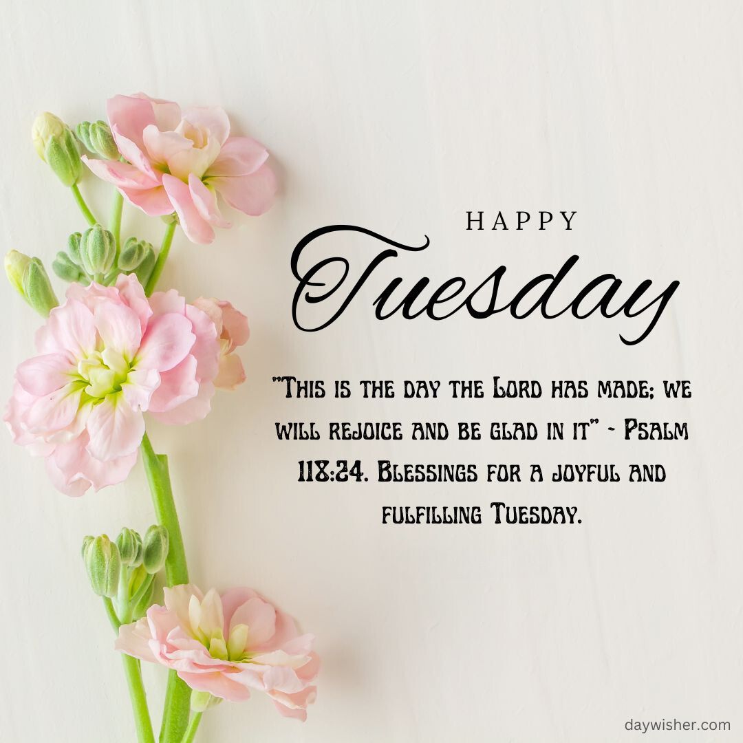A graphic with the text "Happy Tuesday Blessings" featuring a Psalm 118:24 quote and a border of light pink flowers on a white background. This image conveys wishes for a joyful Tuesday