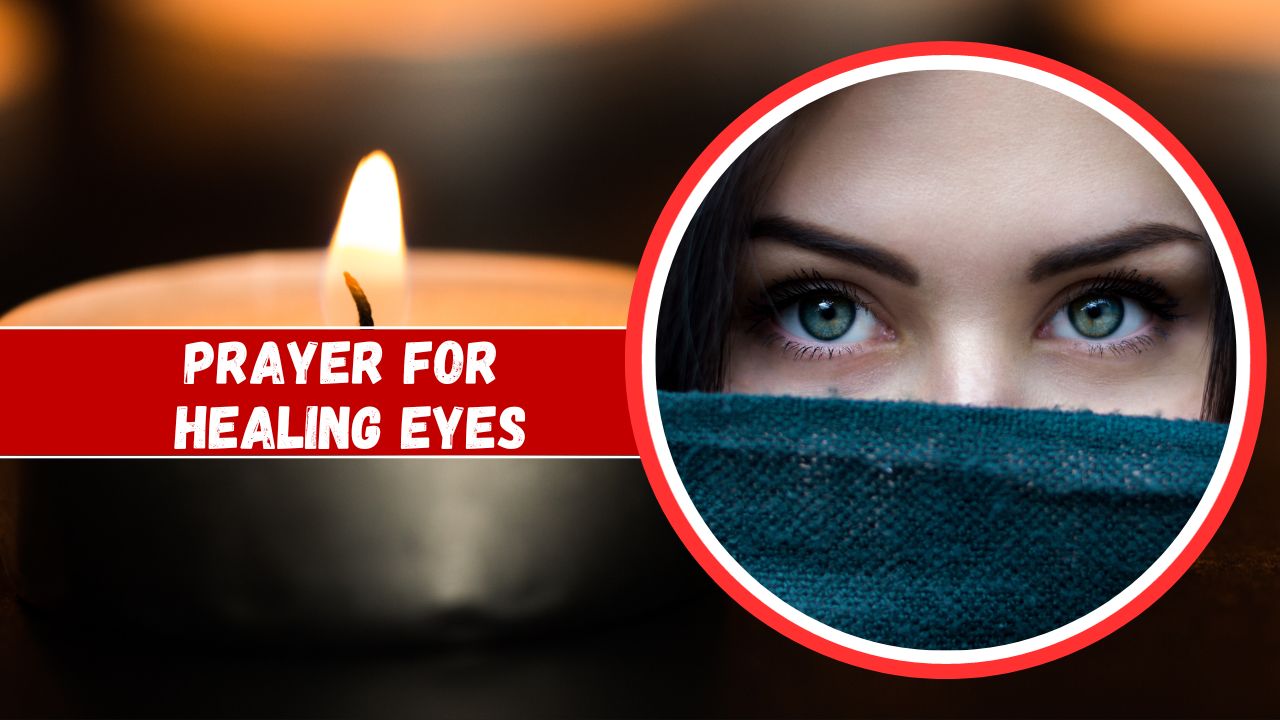The description remains the same as it already includes the keyword "prayer for healing eyes":A close-up image featuring a lit candle on the left and a woman's eyes peeking over a mask on