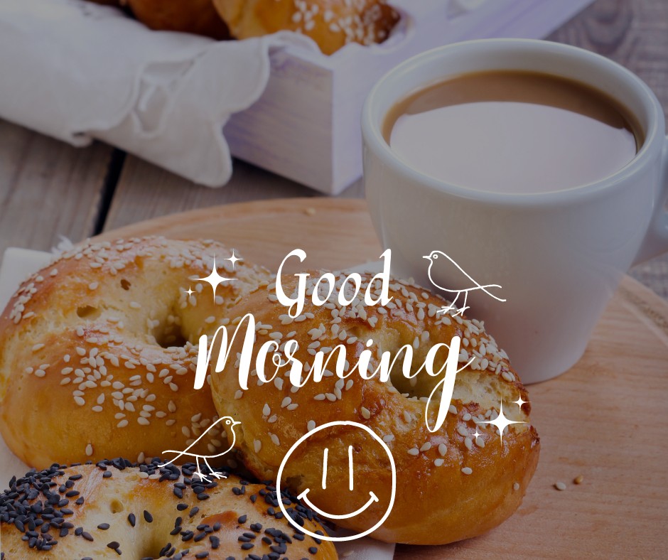 A cozy morning breakfast scene featuring a cup of coffee accompanied by freshly baked bagels topped with sesame and poppy seeds. The playful "Good Morning" text and charming bird illustrations add a delightful touch, making this image perfect for those looking for good morning coffee images that evoke a sense of warmth and a delicious start to the day.