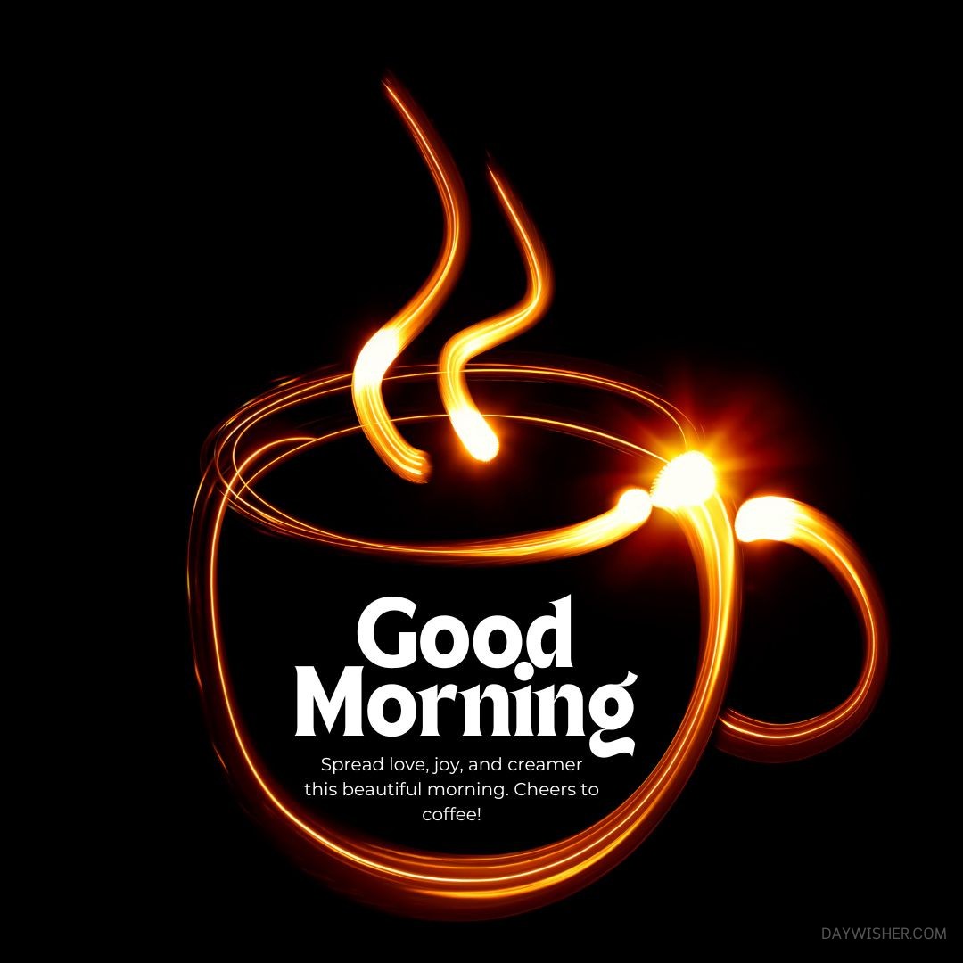 A captivating image featuring a glowing, artistic rendition of a coffee mug with steam elegantly rising from it, forming the shape of a heart above the mug. The vibrant orange and yellow light outlines the mug and steam against a dark background, enhancing the warmth of the scene. The phrase "Good Morning" is prominently displayed in white text, accompanied by an inviting message, "Spread love, joy, and creamer this beautiful morning. Cheers to coffee!" Perfect for sharing as a good morning coffee image to start the day with positivity and warmth.