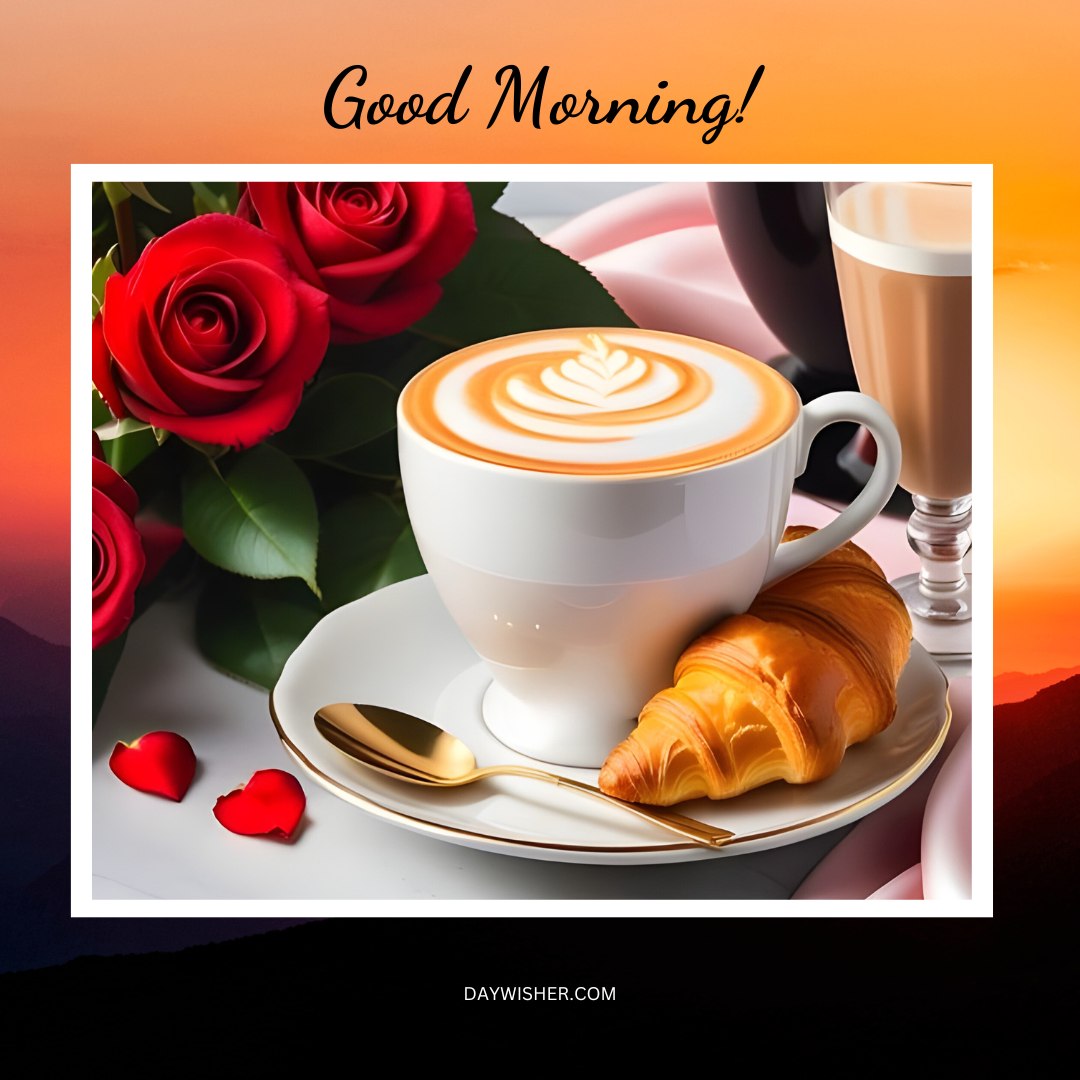 A beautiful good morning greeting featuring a cup of coffee with latte art, a fresh croissant, and a vase of red roses, creating a perfect setting for good morning coffee images that blend elegance and warmth.