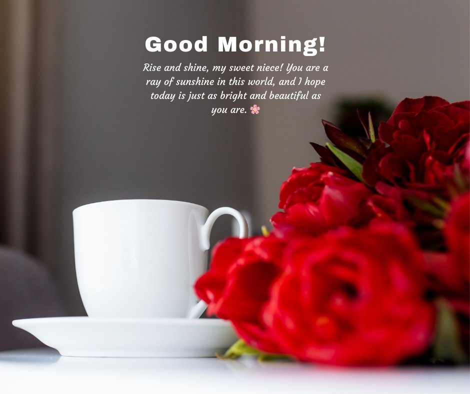 Good Morning Beautiful Messages for Niece with a white coffee cup and a bouquet of vibrant red flowers, creating a warm and affectionate morning greeting.